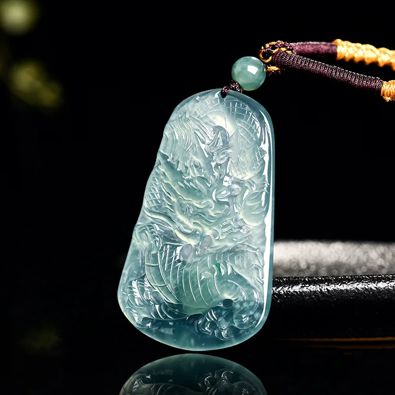 Natural A-grade Jade Blue Water Dragon Soaring Four Seas Zodiac Pendant Ice Seed Jadeite For Men's Charms Women's Jewelry