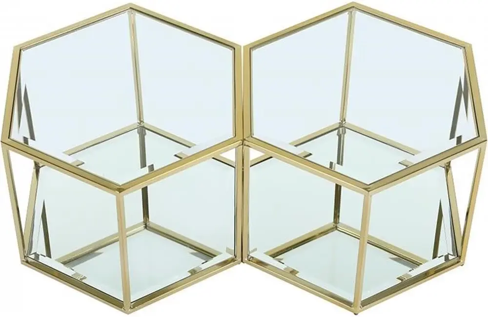 Sei Collection Modern | Contemporary Glass Top/Stainless Steel Modular Coffee Table With Mirrored Base, 2 Piece, Brushed Gold