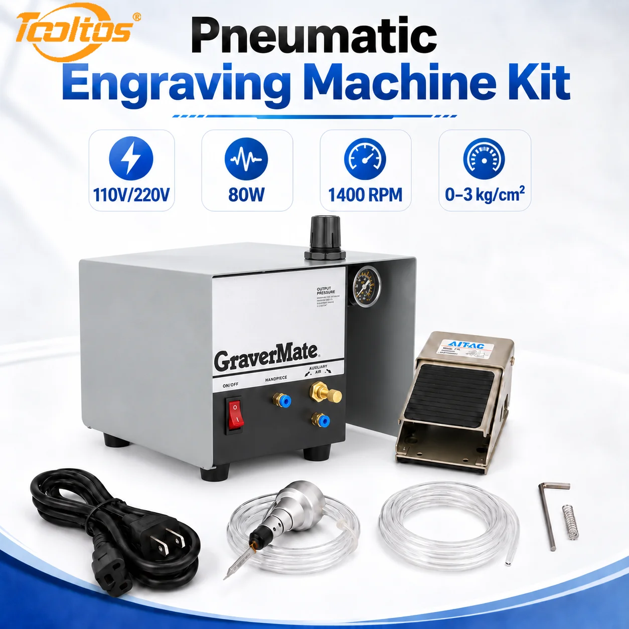 TOOLTOS 80W Pneumatic Jewelry Engraving Machine 1400RPM 0-43 PSI Foot Pedal Graver for Stone Setting Metal Carving 110V 220V