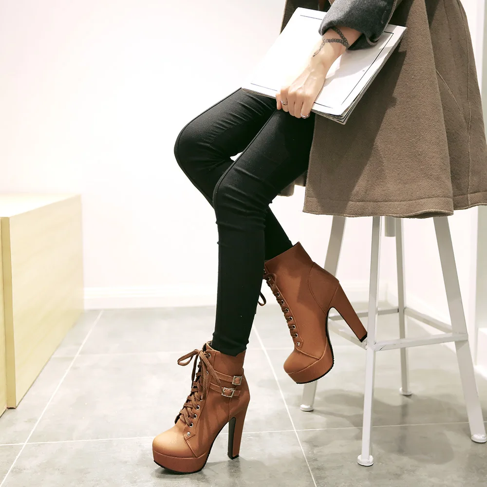 Women\'s Chunky Heel Short Boots, Waterproof Platform, High Heel, Lace-up Motorcycle Boots