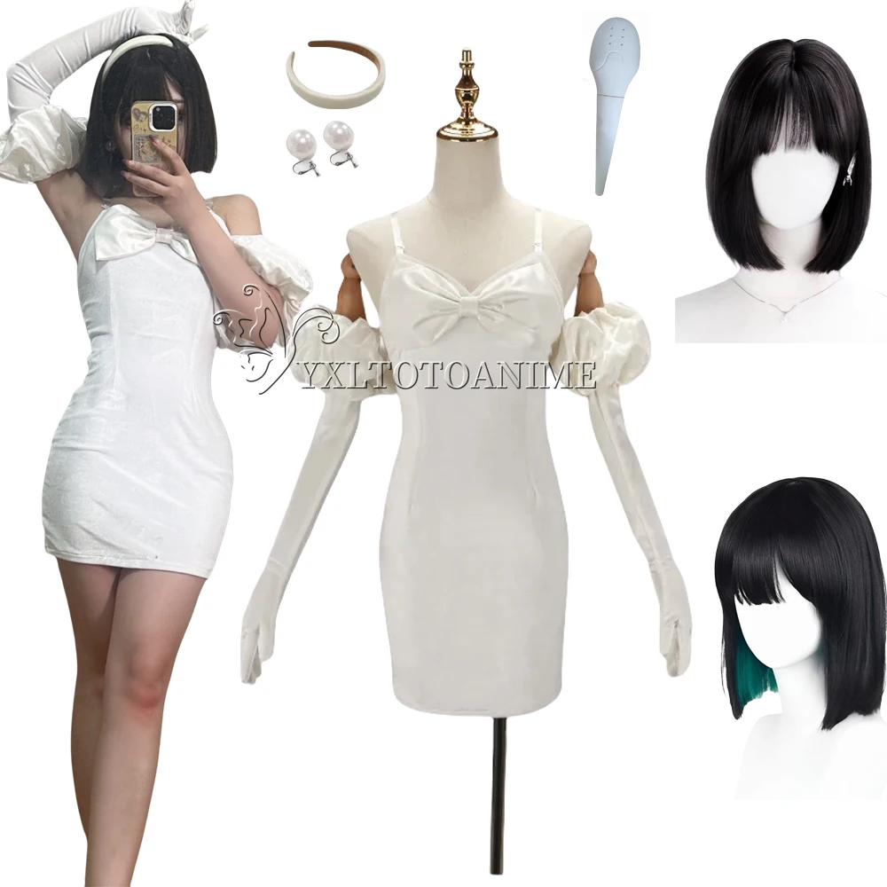 

Костюм для косплея Sua, парик, аниме, сценический костюм для косплея с микрофоном, белое платье, серьги, короткий черный парик, одежда для косплея Sua