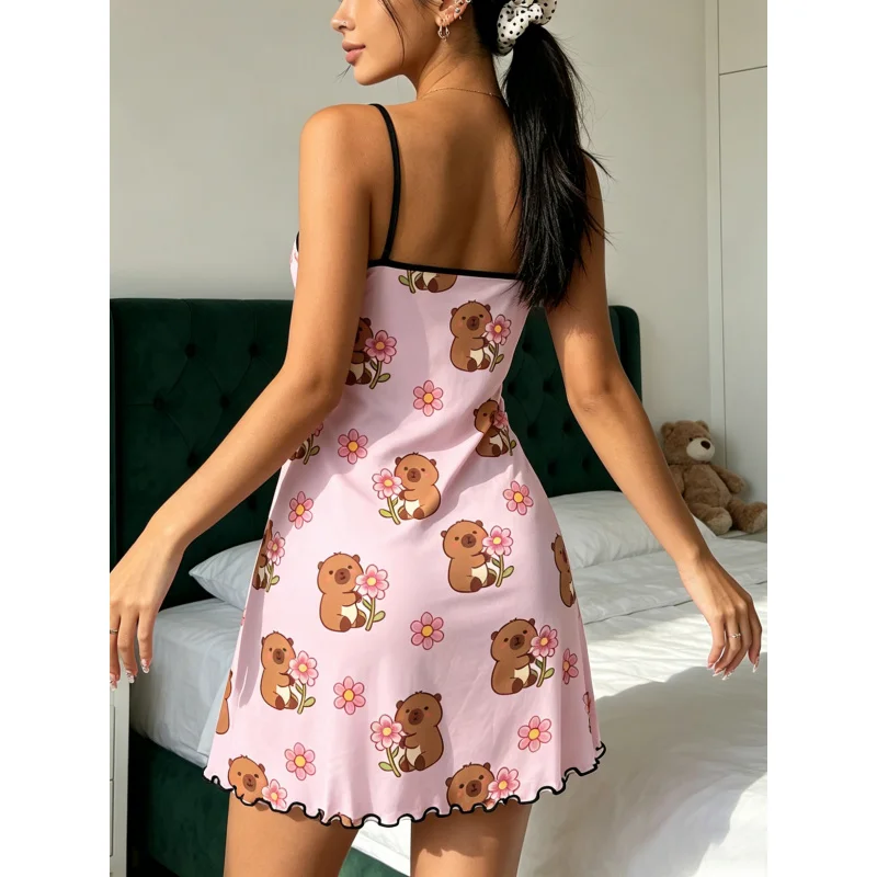 Women Summer Nightdress Spaghetti Strap Ruffle Trim Round Neck Home Loungewear Sleep Dress Cute Capybara Print