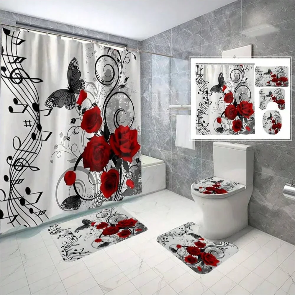 

4pcs Floral Print Bath Set Including Shower Curtain, Toilet Lid Cover, U-Shape Bath Mat, And Bathroom Accessories With Hooks