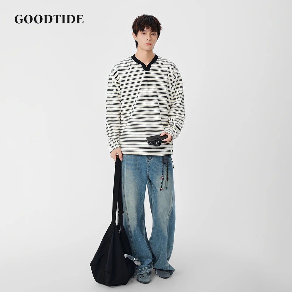 Fashion Men's Casual Long Sleeve T Shirt 2025 Spring Autumn Striped Pattern with V Neck Design and Loose Fit Comfortable Top