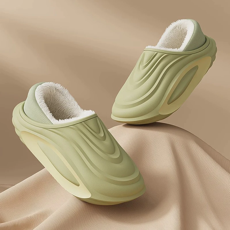 

Waterproof Eva Thick Bottom Furry Indoor Slippers Women 2025 Winter Warm Long Plush Home Slippers Plus Size Couple Cotton Slides