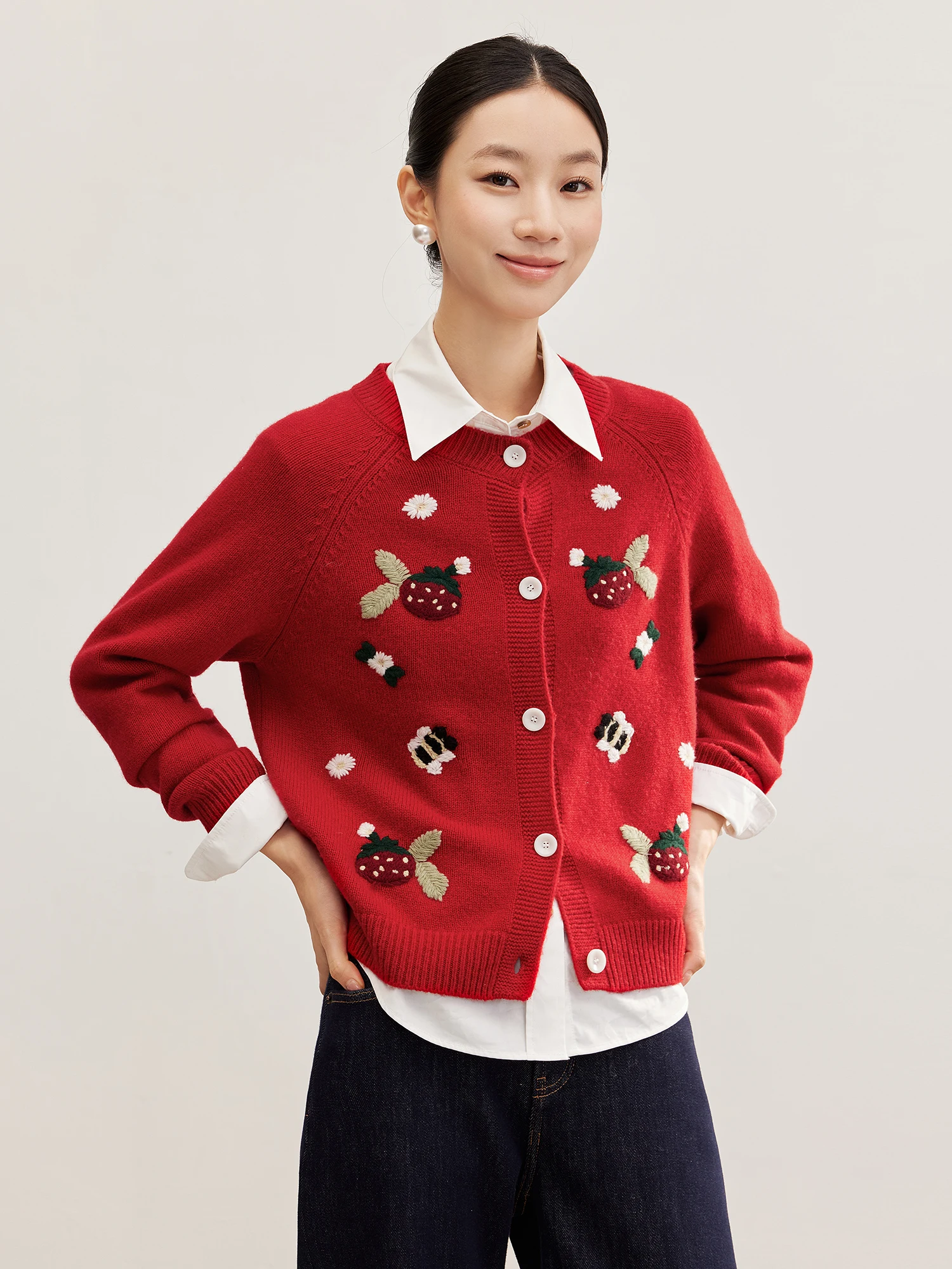 

Ji Qirui 00% Pure Wool Heavy Embroidery Fun Children's Knitwear round Ne Open Cardigan Soft Long Sve Women's Sweater