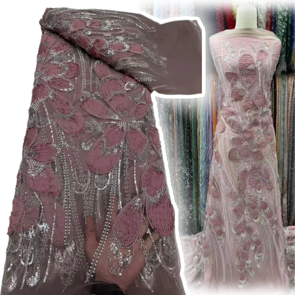 

Роскошная африканская кружевная ткань с блестками, 2022, высокое качество, вышитая бисером, французская нигерийская кружевная ткань для свадебного шитья, SZ1520