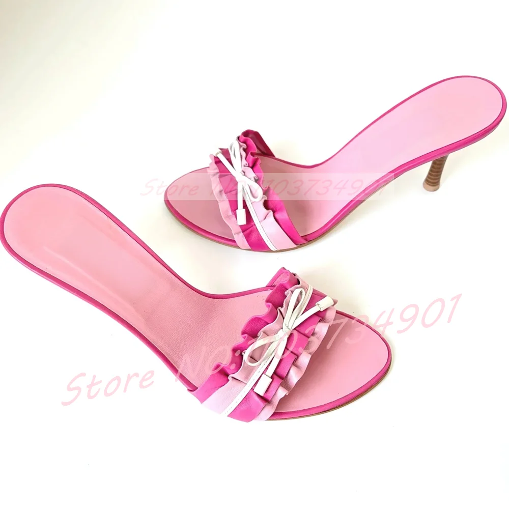 Pleated Ruffle Bow Tied Heeled Mules Sweet Rose Pink Open Round Toe Slippers Casual Outdoor Fashion Lovely High Heels Mules