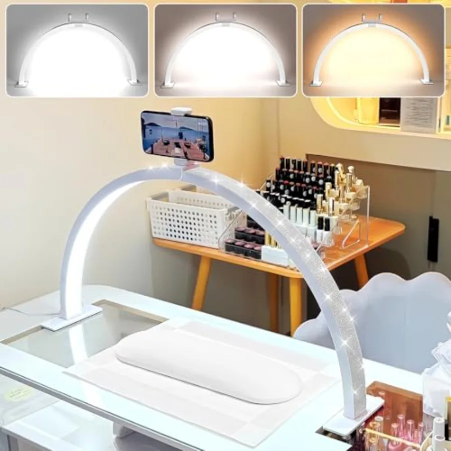 

Large 29-inch Half Moon Light for Nail Desk48W Lamp for Nail Desk with Hand Pillow and Phone Holder Nail Desk lamp for lash Eye