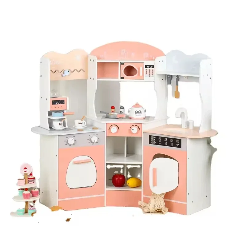 Shape Hot Sale Wooden Toys Pink Kitchen Set Wooden Big Kitchen Toys Set Large Simulation Kitchen Toys