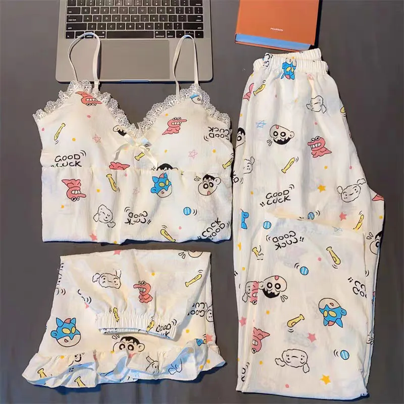 3Pcs New Girl's Crayon Shin Chan Lace Trim Cami Pajama Set Cute Cartoon Sleepwear, Soft Summer Women Loungewear Comfort Homewear