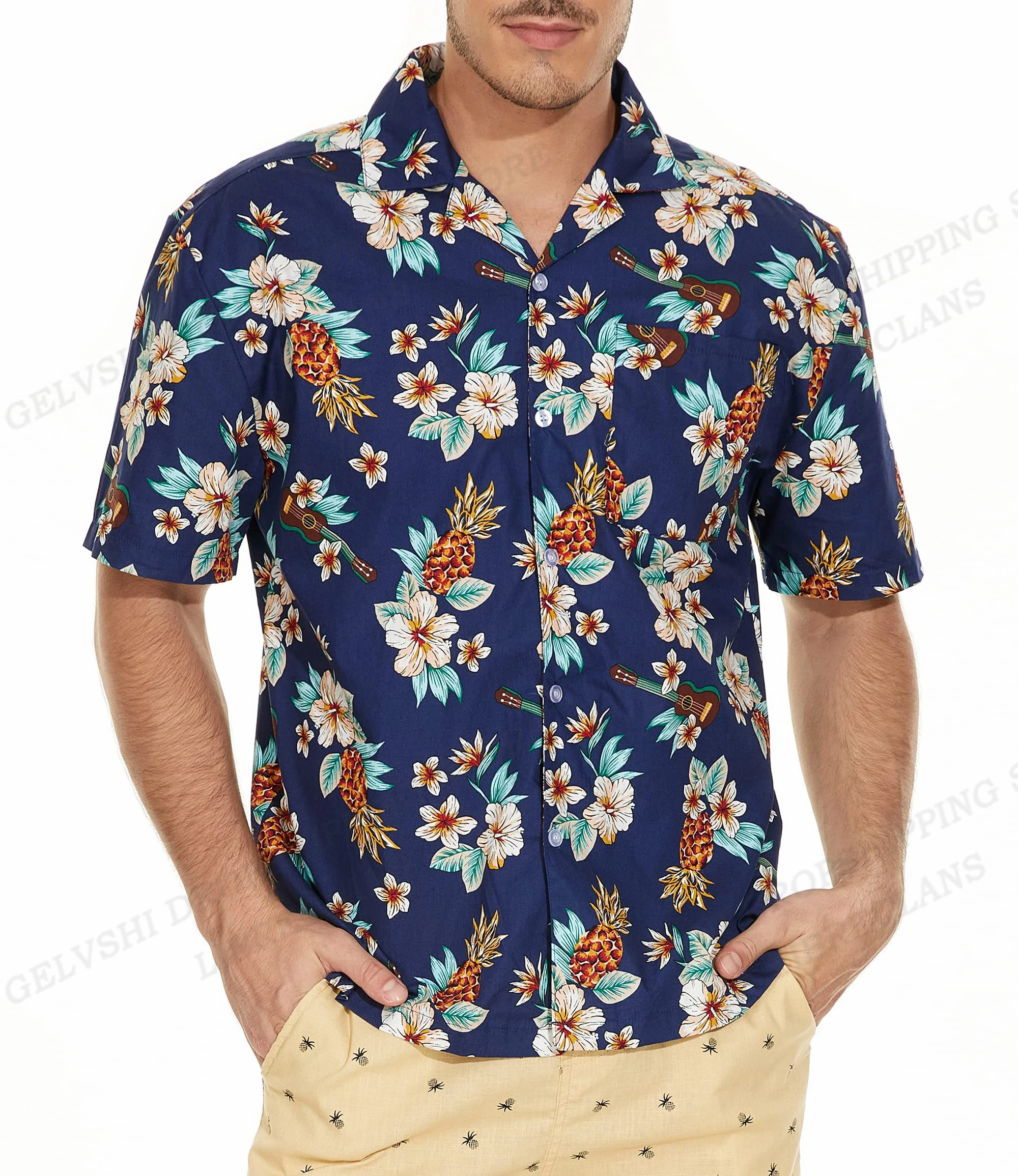 Tropic Leaf Print Shirts Men Fashion Hawaiian Shirt Casual Vocation Beach Blouse Aloha Lapel Shirt Cuba Blouses Men\'s Clothing