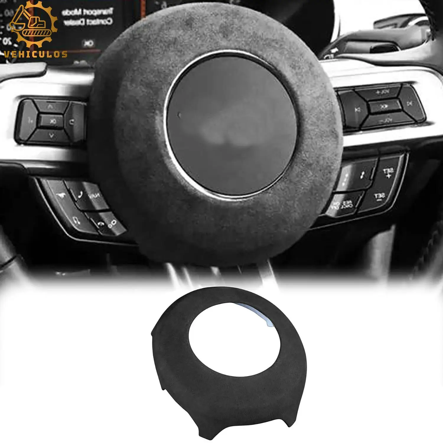 

VEHICULOS 1PCS Suede Leather Steering Wheel Cover Trim For Ford Mustang 2015-2022 Dark Grey