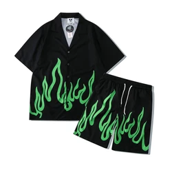 Green Flame Print Summer Shirts and Shorts Tracksuits for Men Streetwear Casaul Oversized Hawaii Sets Loose Unisex Beach Clothes