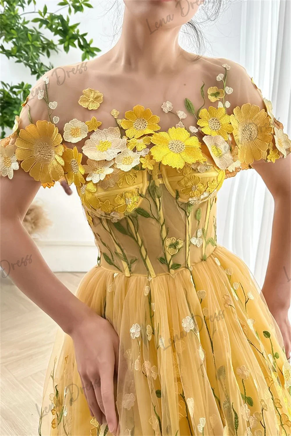 Lena-Yellow Flower Sticker Ball Dress A-line Evening Dress Elegant Detachable Shawl and Ankle Vestidos Verano Moda 2024