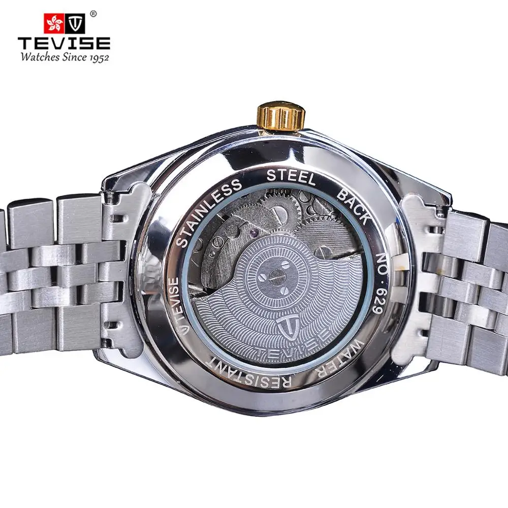 TEVISE-reloj mecánico automático de acero inoxidable para hombre, cronógrafo de marca de lujo con diamantes dorados y negros, regalo único