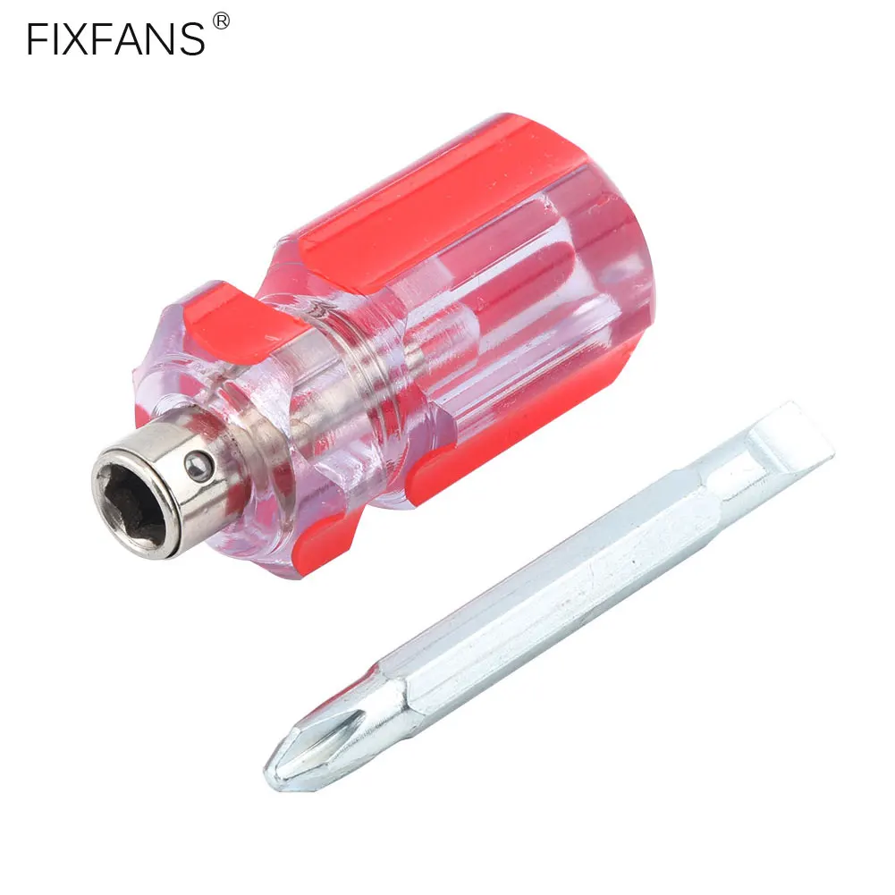 FIXFANS Small Pocket Screwdriver with PH2 Phillips Cross Head and 6mm Slotted Flat Head, Reversible Stubby Short Screwdriver