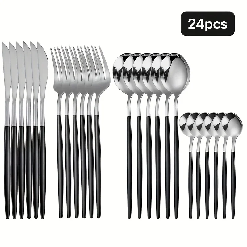 Ensemble de couverts 24 pièces en acier inoxydable de qualité supérieure en argent et noir, comprenant couteaux, fourchettes et cuillères, avec finition miroir.
