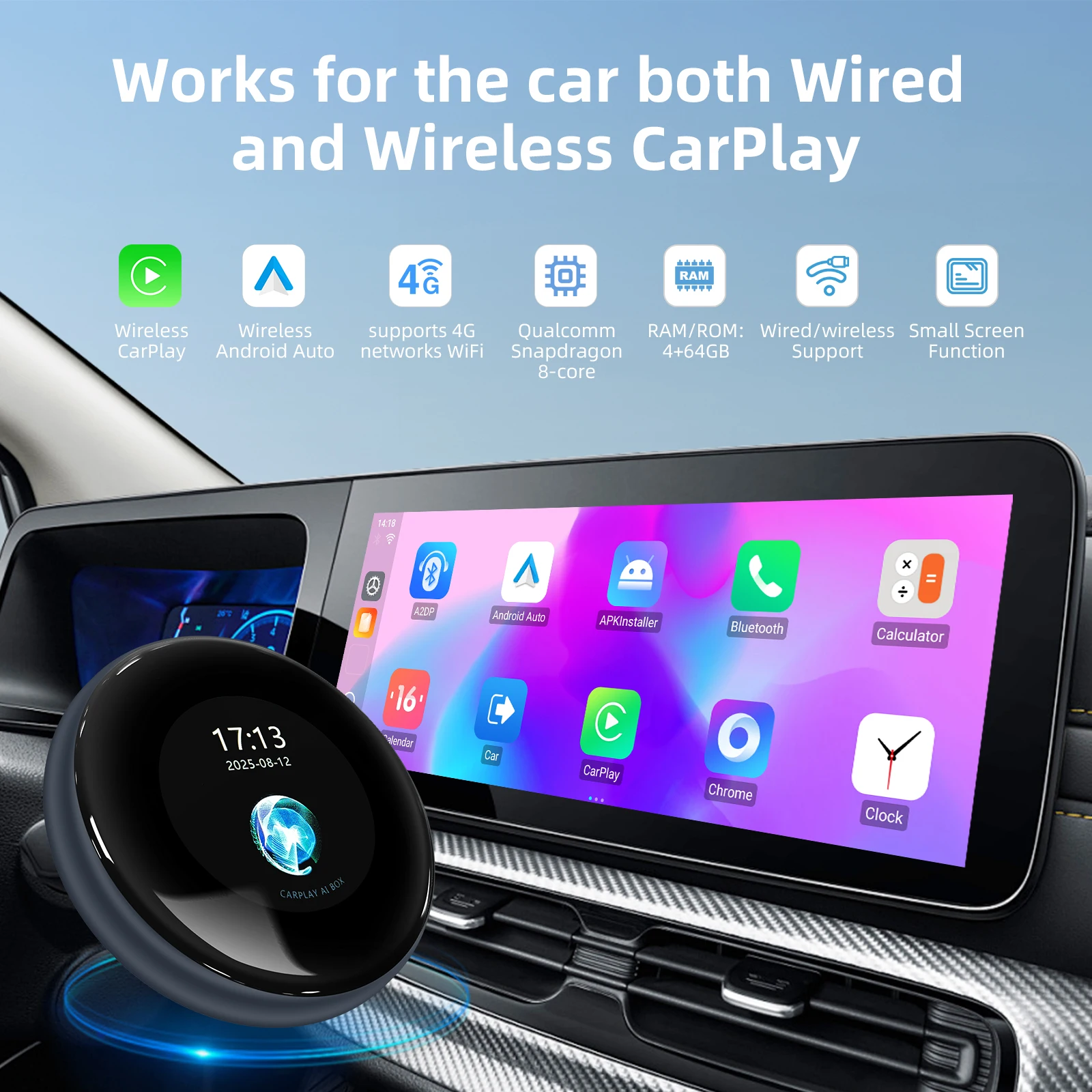 Ezonetronics Wireless CarPlay AI Box Support factory system with both wired/wireless Android 13 4+64GB, Dual Wi-Fi,4 Sim Card