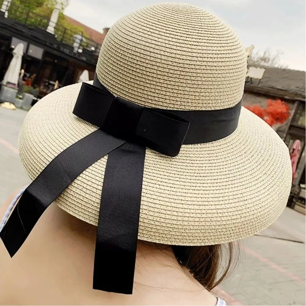 Elegant Breathable Straw Hat Large Brim Black Ribbon Sunshade Hat UV Protection Sun Hat Women - view 4