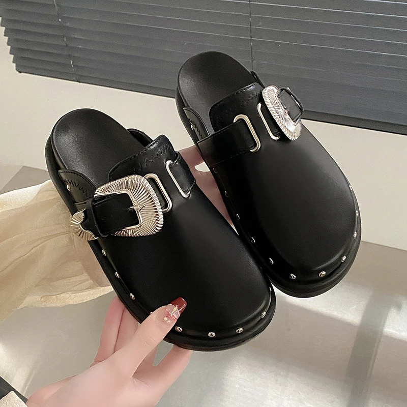 Summer Women Punk Slippers Shoes Metal Rivet Charms Black PU Mules Outdoor Platform Modern Slippers Casual Shoes For Female