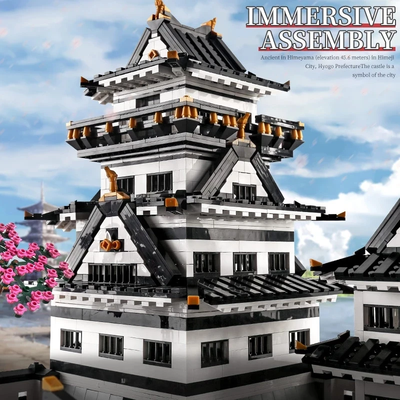 MOC – ensemble de blocs de construction d'architecture de château Sakura Himeji japonais ancien, idée de palais de fleurs, jouet cadeau pour enfants, vacances d'anniversaire