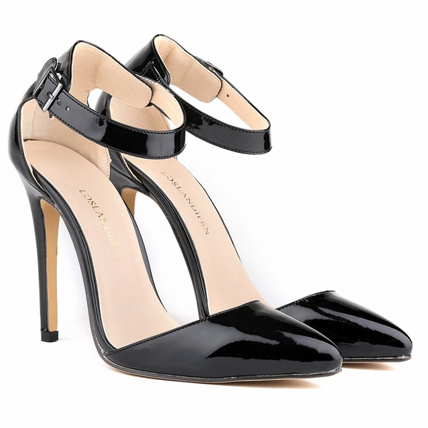 

Ankle Buckle Pointed Toe Women Sandals Summer Patent Leather Fashion Ladies Work Shoes Black High Heels Party Sexy Shallow Pumps