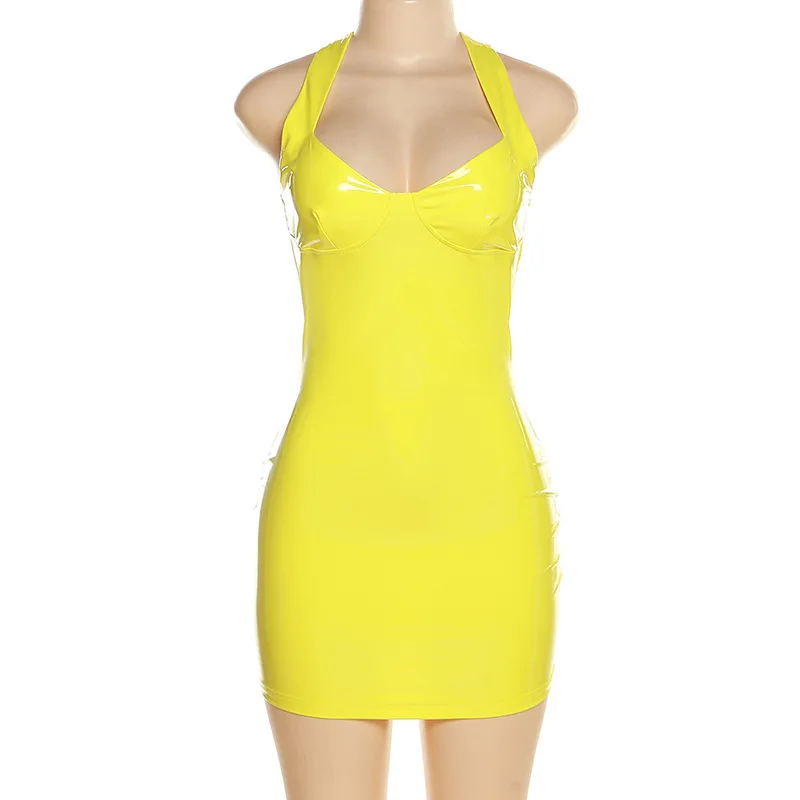 2023 Sexy Womens Sleeveless Latex Tank Dresses Patent Leather Wet Look Clubwear Costume Bodycon Yellow Black Mini Dresses