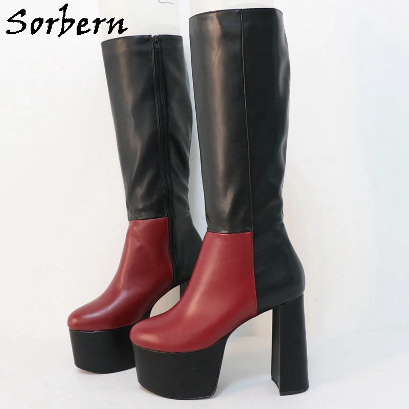 

Sorbern Black Knee High Boots Women Block High Heel 15Cm Visible Platform Thick Custom Shaft Length Calf Width Boots