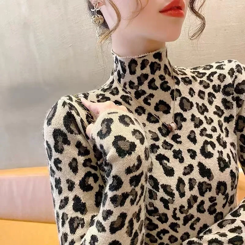 Autumn Winter Fashion All-match Leopard Print Sweaters Women Clothing Elegant Slim Half High Collar Long Sleeve Pullover Y2k Top