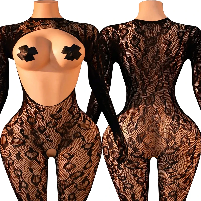 Exotic Baby Doll Costumes Sexy Crotchless Lingerie Women Backless Cutout Babydoll Chemises Mesh Sheer Leopard Print Bodystocking