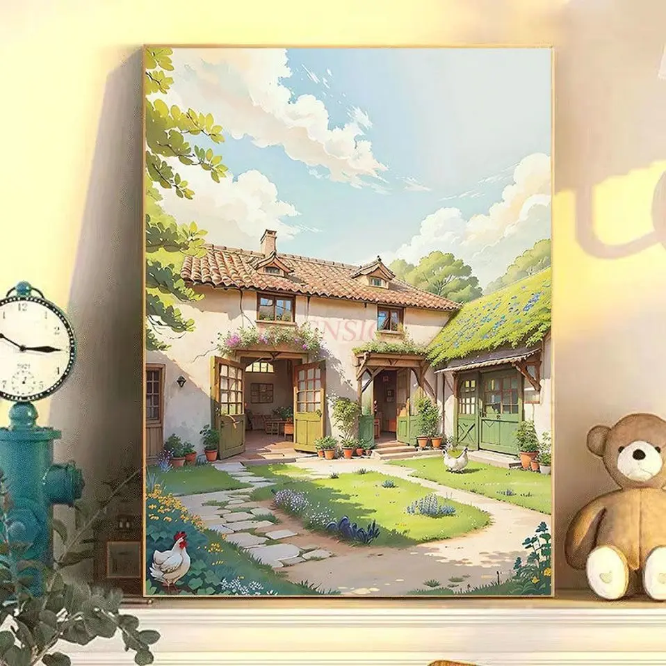 1set DIY digital oil painting, hand filled countryside retro courtyard oil painting, stress relieving healing painting