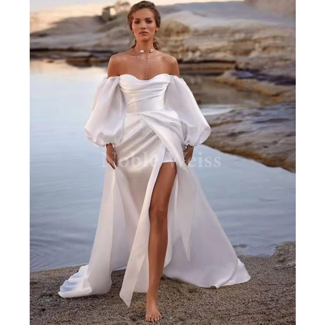 Abito da ballo in organza con spalle scoperte Abito da sposa con maniche a sbuffo per abiti da sera formali a maniche lunghe da sposa con spacco personalizzato