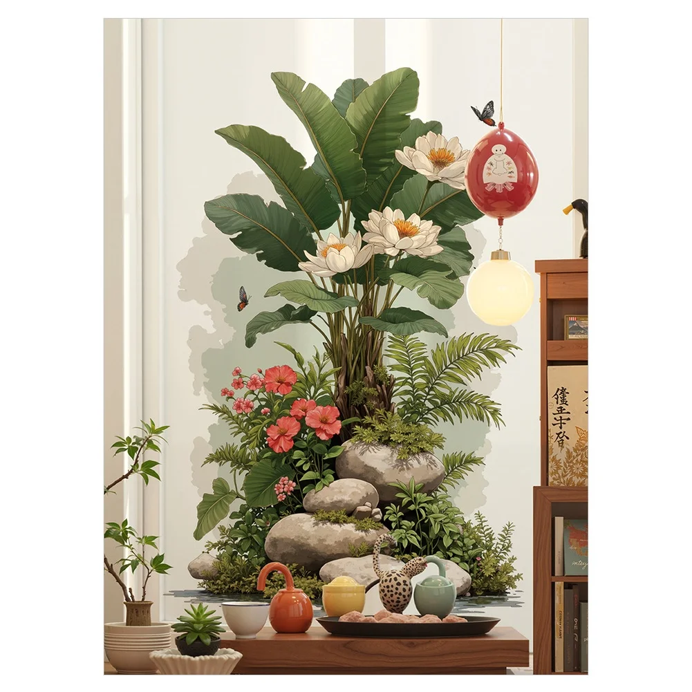 Extra Large PVC Wall Sticker Waterproof Modern Minimalist Plant Flower Decor for Living Room Study Entrance 82.5x54.5cm Green