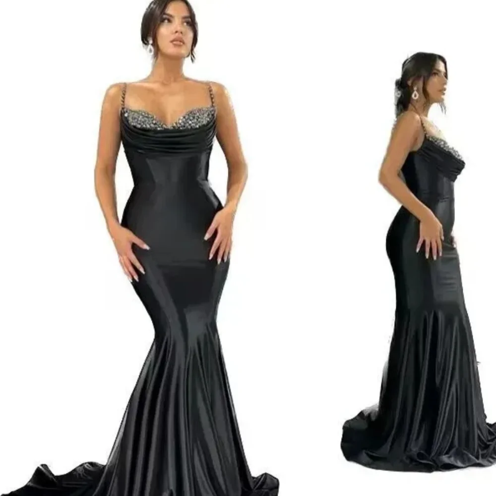 Vestido preto com alças de espaguete frisadas para mulheres, vestido de baile sereia árabe e Dubai, vestido de festa sexy, ocasião especial