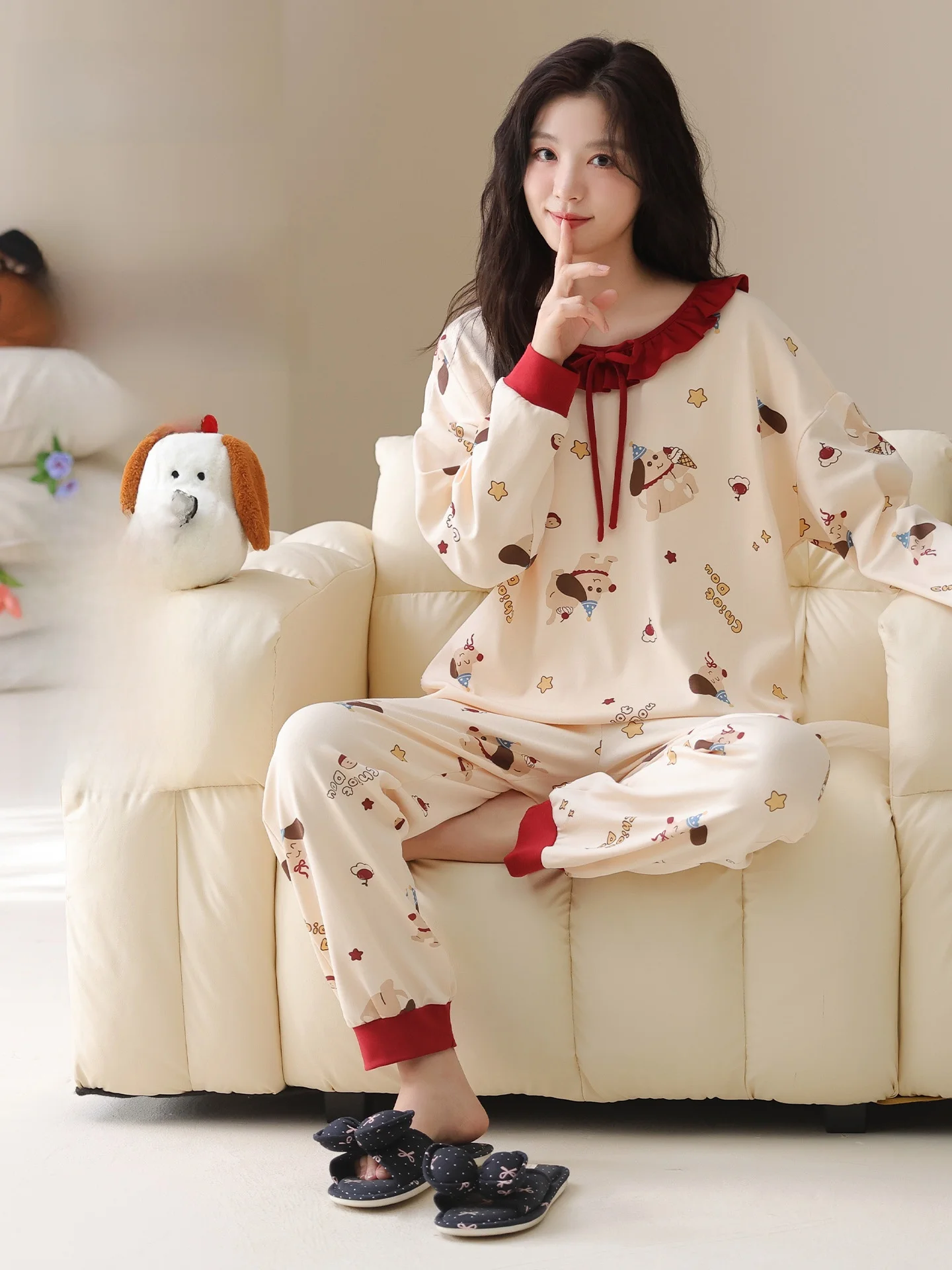 シティビューティー-レディース-パジャマ-胸パッド付き-綿00-ホームウェア-春秋新作-くしゃみ防止-純綿素材