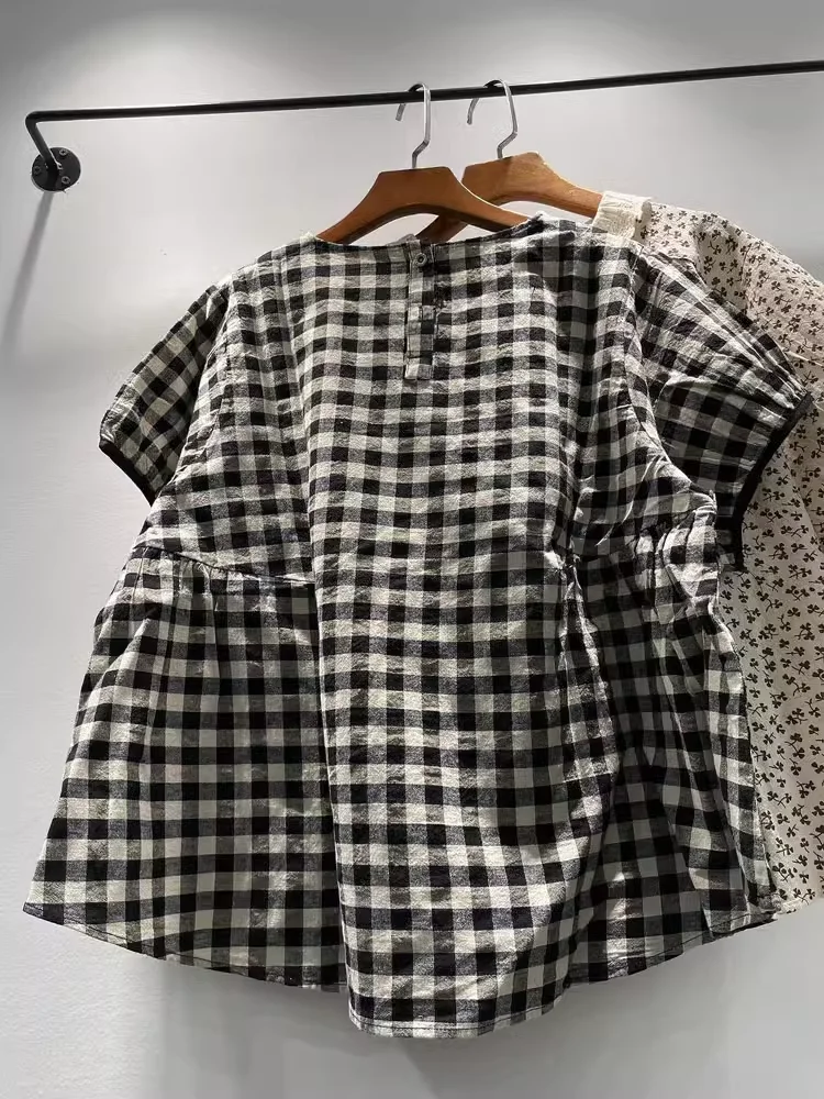 Topy w dużych rozmiarach 100% bawełna koronkowy haftowany kołnierzyk czarne białe koszule w kratkę dla kobiet swetry plus size odzież damska