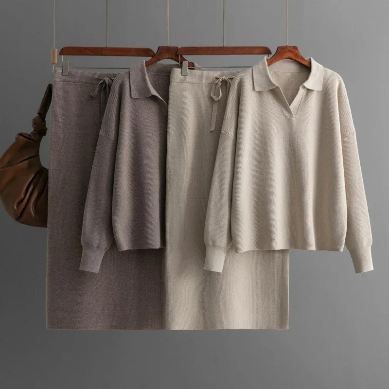 Autumn Winter Women Knit Polo Collar Pullover Pant Sets Elegant Sweater Tops Two Piece Sets Womens Outifits Loose Female Clothes