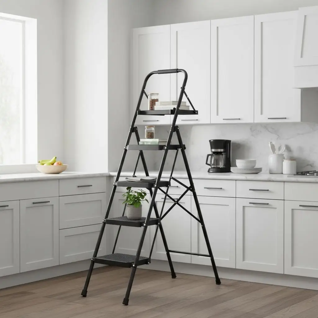 

4-ступенчатая складная лестница-табурет с широкими противоскользящими ступенями, подставкой для инструментов, удобной рукояткой, грузоподъемностью 600 фунтов, портативная стальная лестница