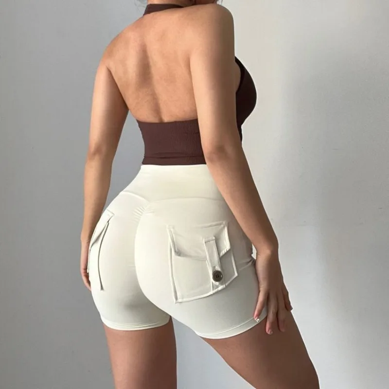 السيدات اليوغا السراويل عارضة أزياء ضئيلة أنيقة مزاجه الاتجاه بلون أزرار جيب عالية الخصر نحيل Sweatpants مستقيم #1