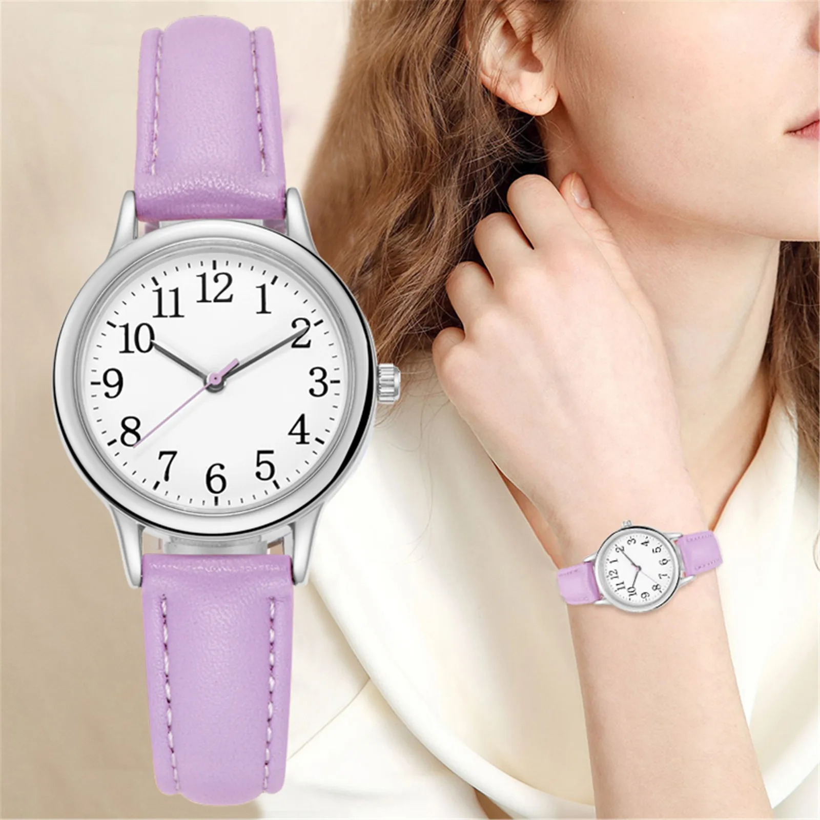 Japan Movement Women Quartz Watch Easy to Read Arabic Numerals Simple Dial PU Leather Strap Lady Candy Color