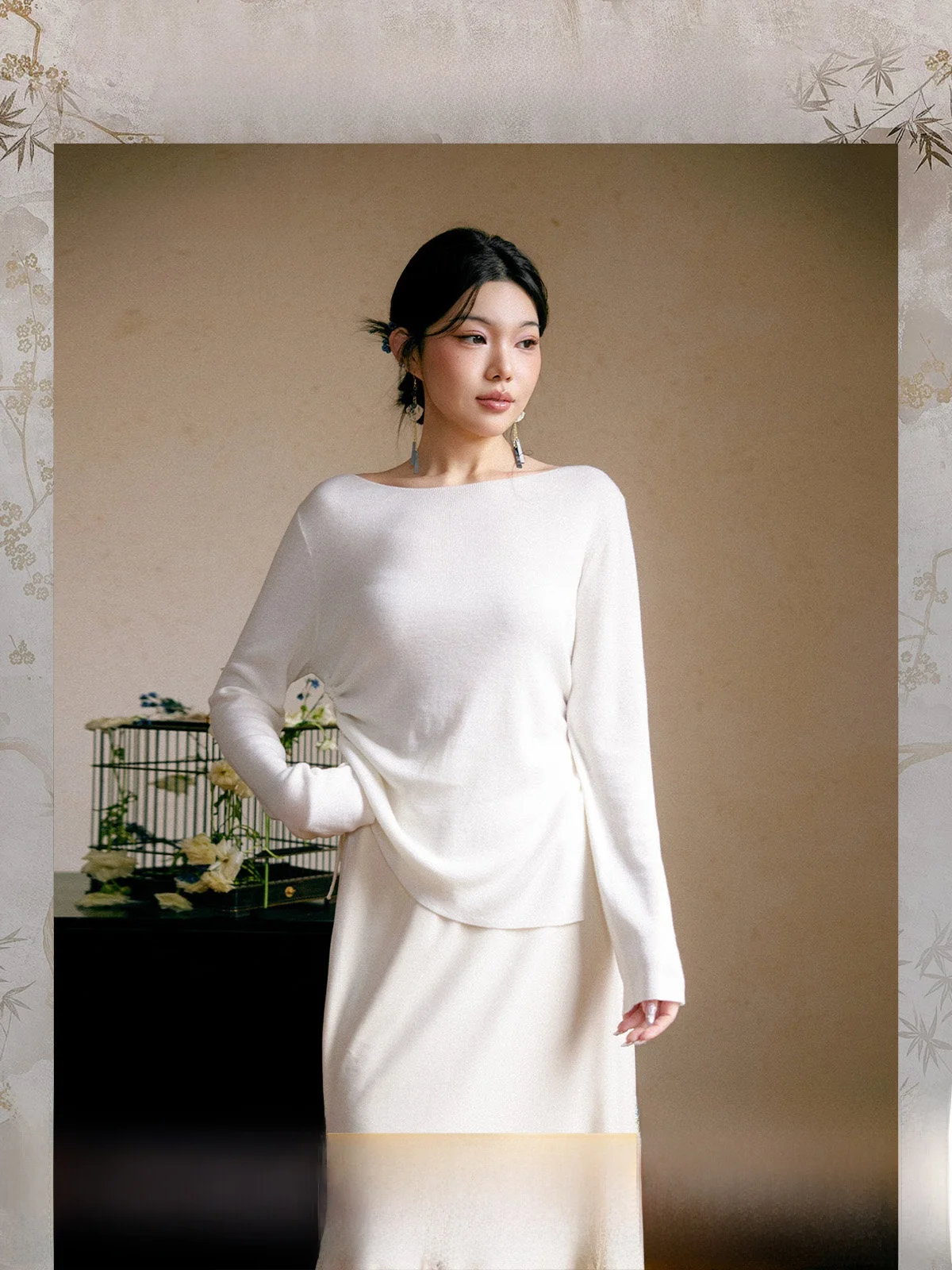 

Plusmall Spring Season Mixed Wool Blend Base irt with Side Dstring Slit Long Sve Overhead Knitted Top for Women