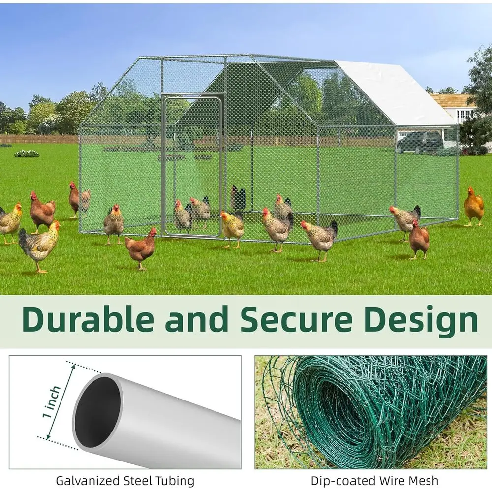 広々とした13x10x6.4フィートの屋外鶏小屋（カバー付き）、8～12羽の鶏用ウォークインペン、フラットルーフデザイン