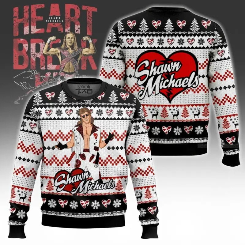 Atleta legendario Shawn Michaels suéter feo Heartbroken Kid Hbk rojo y negro estilo navideño lucha libre diversión festiva alrededor