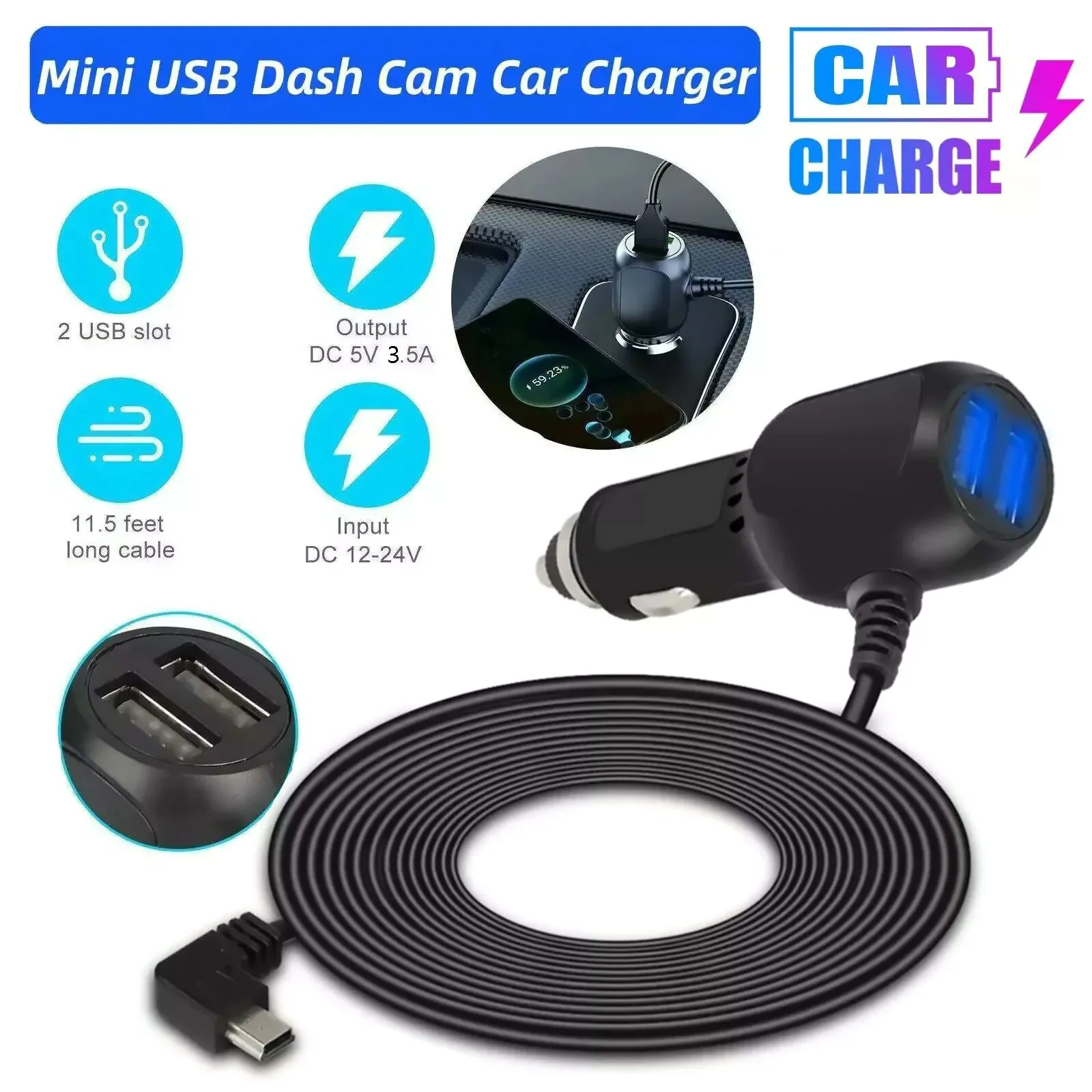 

DVR Charging Cable Dash Cam Car Charger Mini USB Cable 3.5m Power Cord Supply 12V-24V Car Charger For DVR Camera GPS Accessories