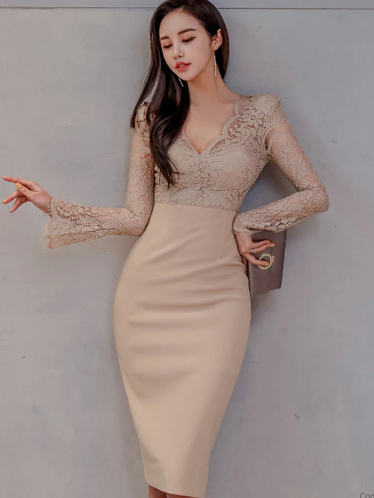 Korean Fashion Ladies Work Style Pencil Dresses Women Clothing Elegant Office Commute Lace Sexy V-Neck Slim Dress Mujer Vestidos