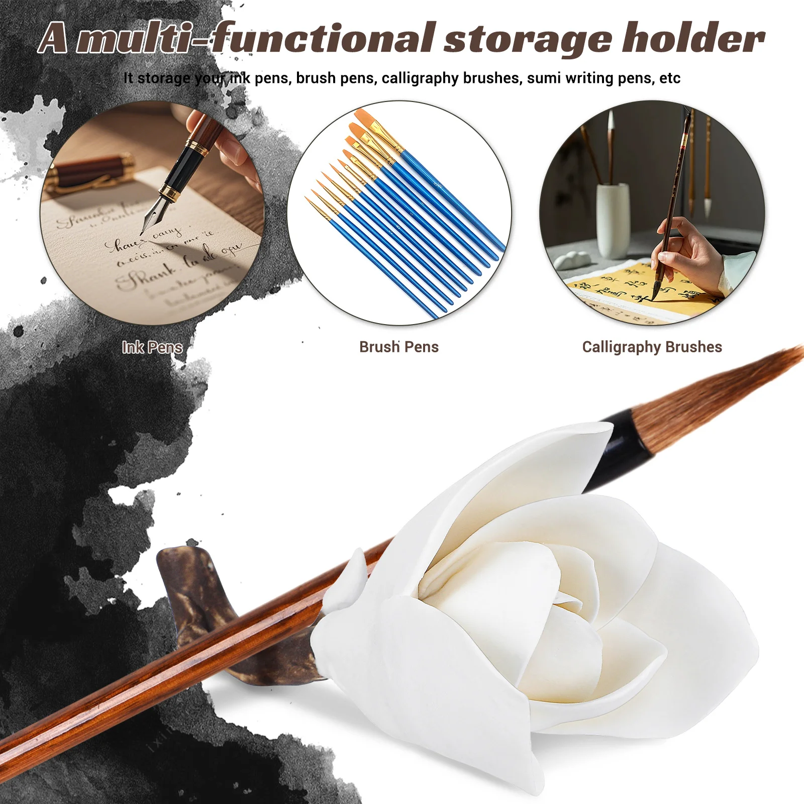 Fine Craftsmanship Resin Magnolia Pen Stand for Calligraphy Brushes Desktop Organizer Writing Tool Holder Chinese Design