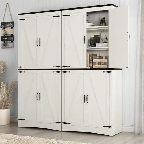 خزانة مخزن المزرعة بطول 71 بوصة مع أرفف قابلة للتعديل، و4 أبواب للحظيرة، باللون الأبيض الريفي #5