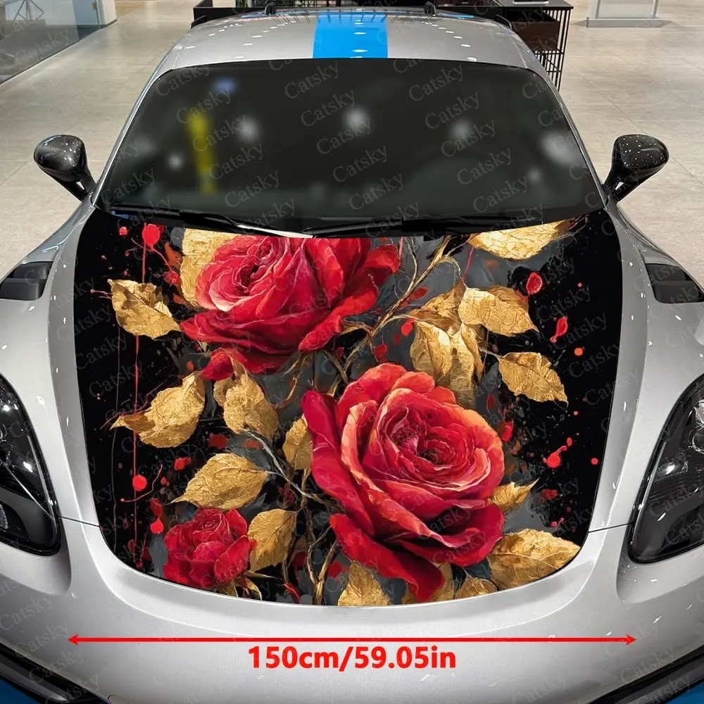 Golden Leaf Red Rose Car Hood Graphic Stickers, Car Aesthetics, Eye-catching Pattern Decorations, PVC Waterproof Self-adhesive S