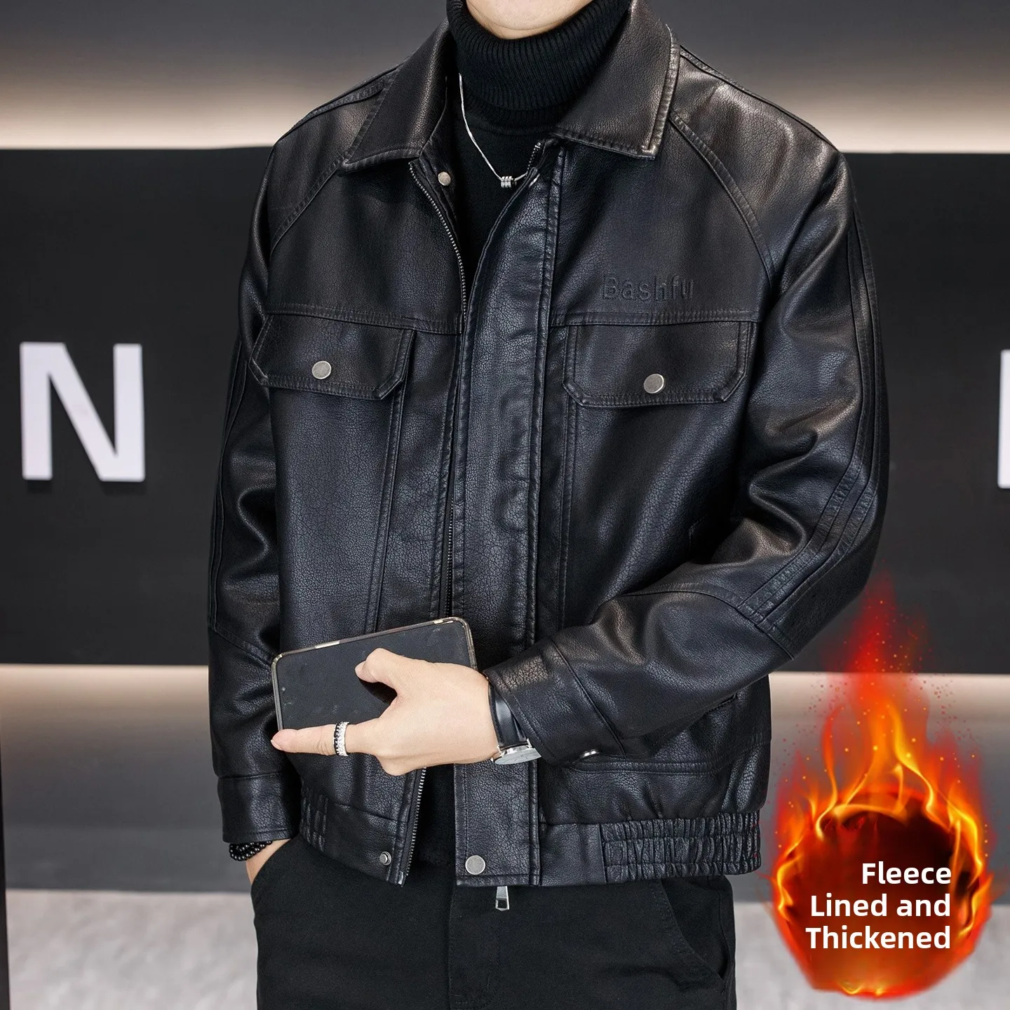 

Men's Faion Motorcycle Jaet Thiened Fce Lined Stand Collar Windproof Winter Coat Casual Retro American Sle